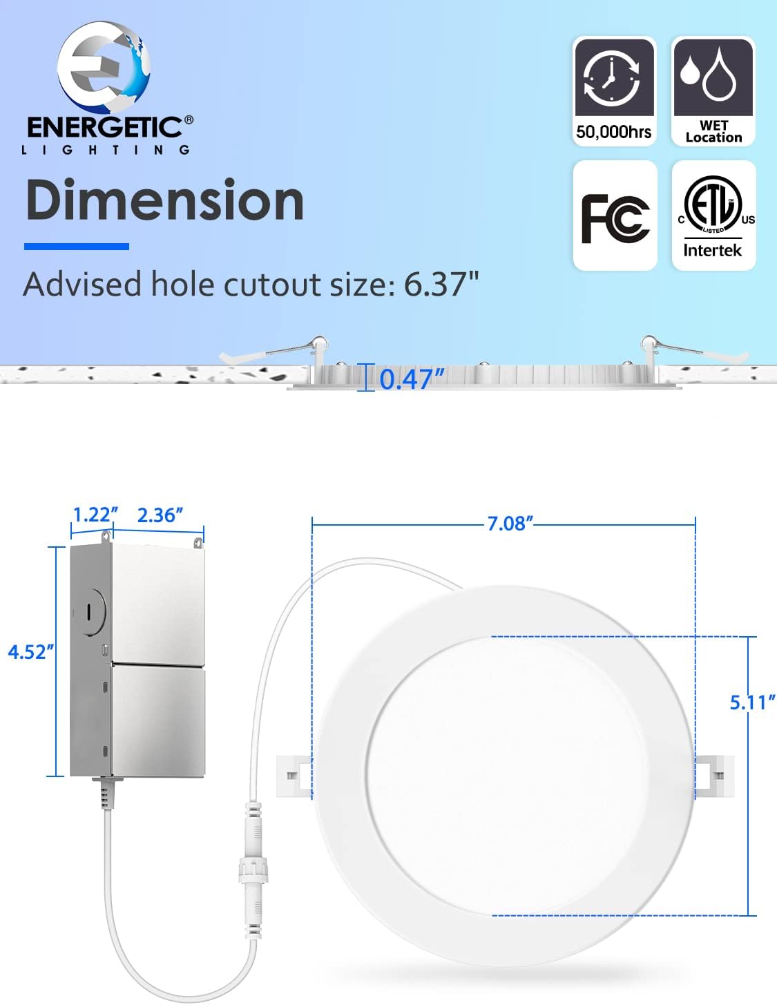 Energetic 16 Pack 6 Inch Ultra-Thin LED Recessed Ceiling Light with Junction Box, 5000K Daylight, 12W 110W Eqv, Dimmable Canless LED Recessed Light,