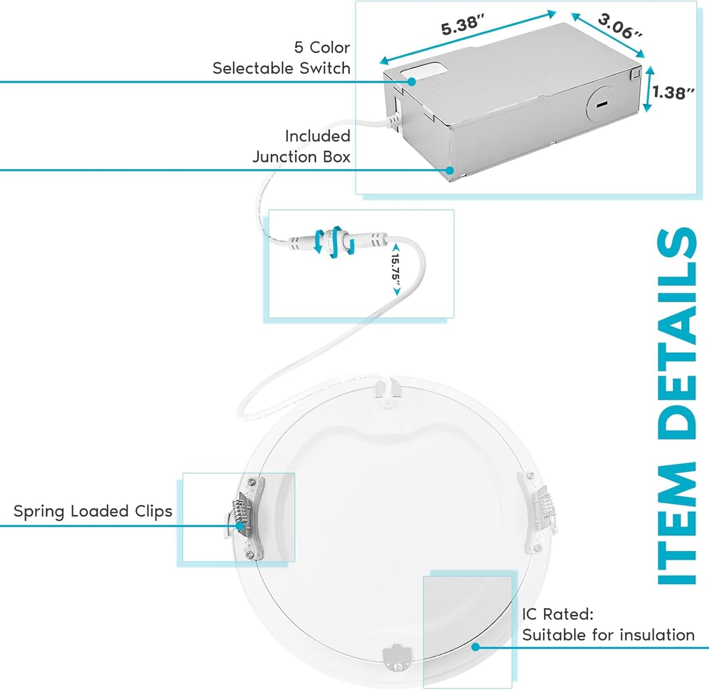 LUXRITE 8 Inch Ultra Thin LED Recessed Lighting, 23W, 5 Color Selectable 2700K | 3000K | 3500K | 4000K | 5000K, CRI 90, 1800 Lumens, Dimmable LED