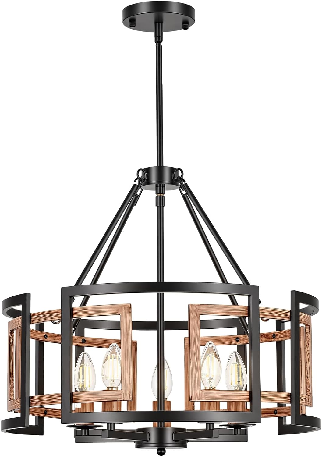 20-inch Chandelier, 5-Light Dining Room Light Fixture Over Table | Matte Black Metal with Woodgrain Frame, Farmhouse Rustic Style, Adjustable Height, E12 Socket, Ceiling Mount, Hardwired, 120V