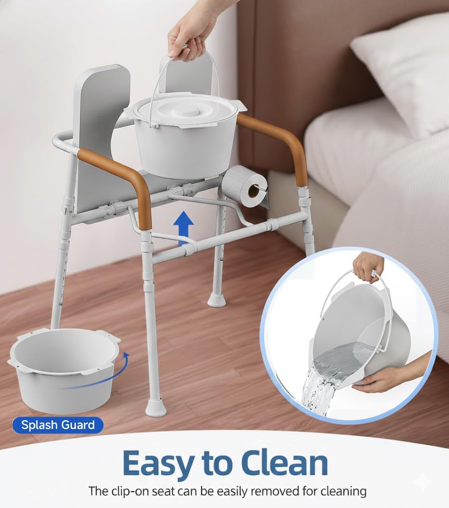 3-in-1 Bedside Commode Chair for Seniors, 400 lbs Heavy Duty Iron Commode Toilet with Padded Seat & Arms, Portable Toilet for Seniors & Adults, Height Adjustable, Bucket, Splash Guard