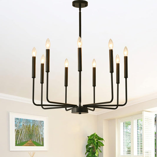 OVAZKUEL Black Chandelier 9 Lights Modern Farmhouse Chandeliers Fixture Adjustable Height for Dining Room Living Room Kitchen Island Foyer Bedroom