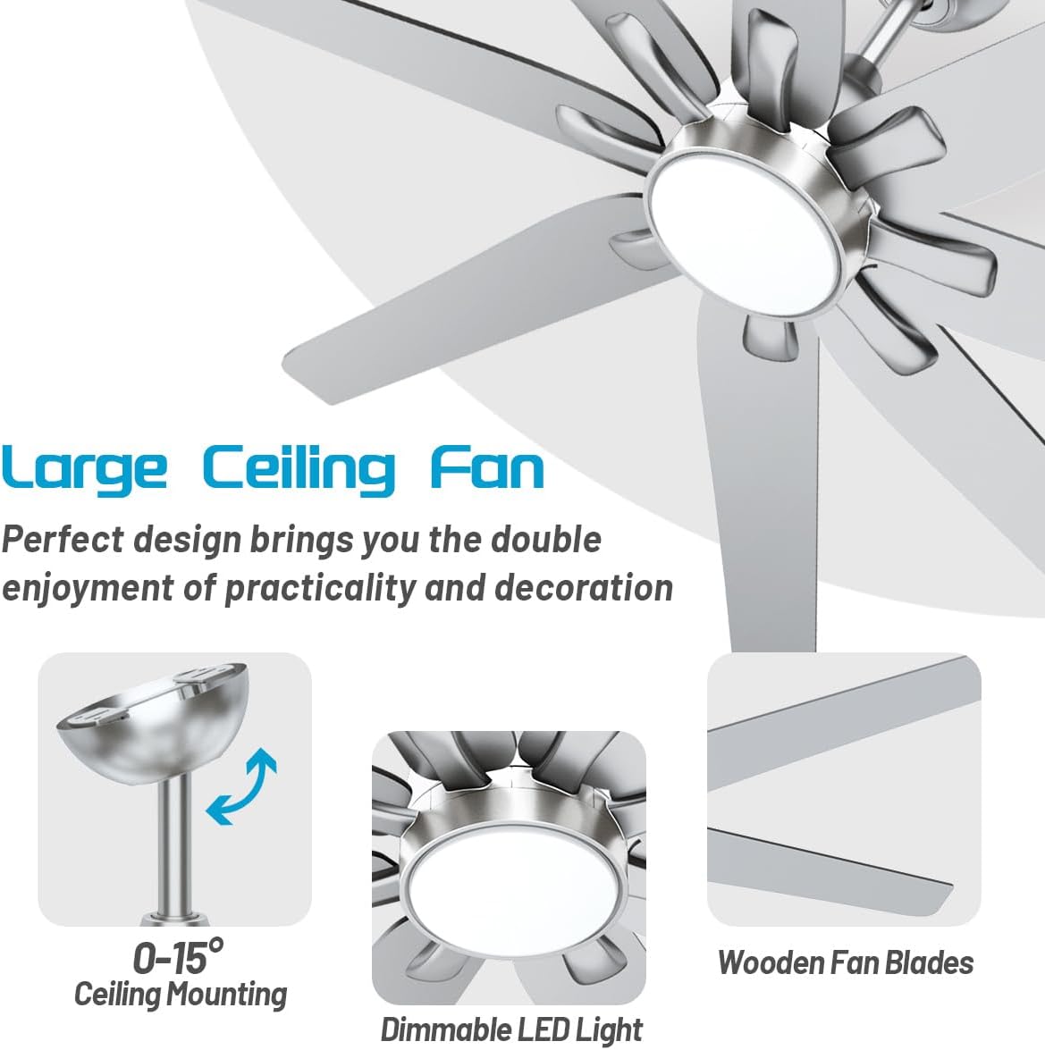 wurzee 72 inch Ceiling Fan with Light, 3CCT 3000K-4000K-6500K Reversible DC Motor, Dimmable Timing 6 Speed, Brushed Nickel Large Ceiling Fan for