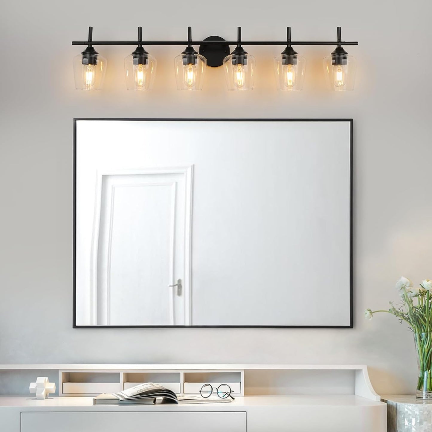 6-Light  Industrial Matte Black Bathroom Vanity Light Fixtures with Clear Glass Shades,