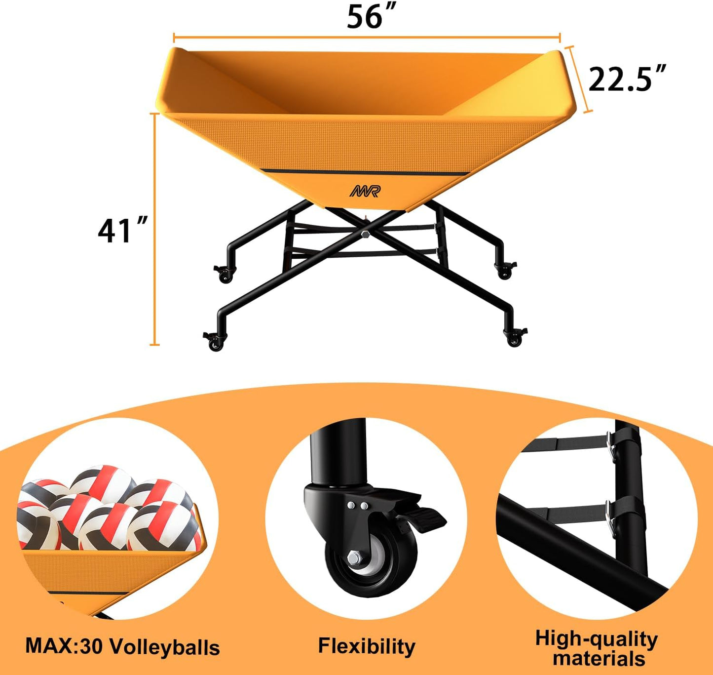 MR Collapsible Volleyball Wheeled Cart, Portable Hammock Ball Cart, Volleyball Cart with Wheels, Rolling Volleyball Basket Ball Storage, Volleyball Training Equipment Ball Holder, Hold Up to 30 Balls