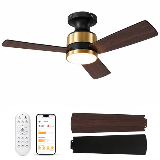 42 Inch Ceiling Fans With Lights And Remote&App Control Flush Mount Black and Gold 42 Inch