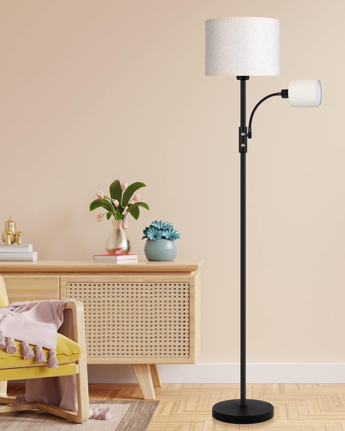 Floor Lamps for Living Room, Modern Floor Lamp with Reading Lamp(9W, 4W), 3 Color Temperature LED Bulbs, 62' Tall Standing Lamp, Beige Lampshades,