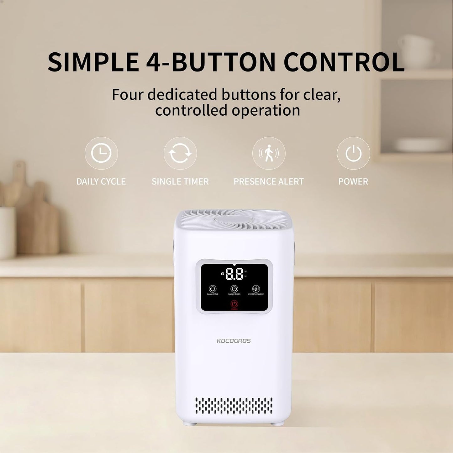Odor Treatment Device with Daily Cycle, Single Timer and Presence Alert, for Enclosed Unoccupied Spaces