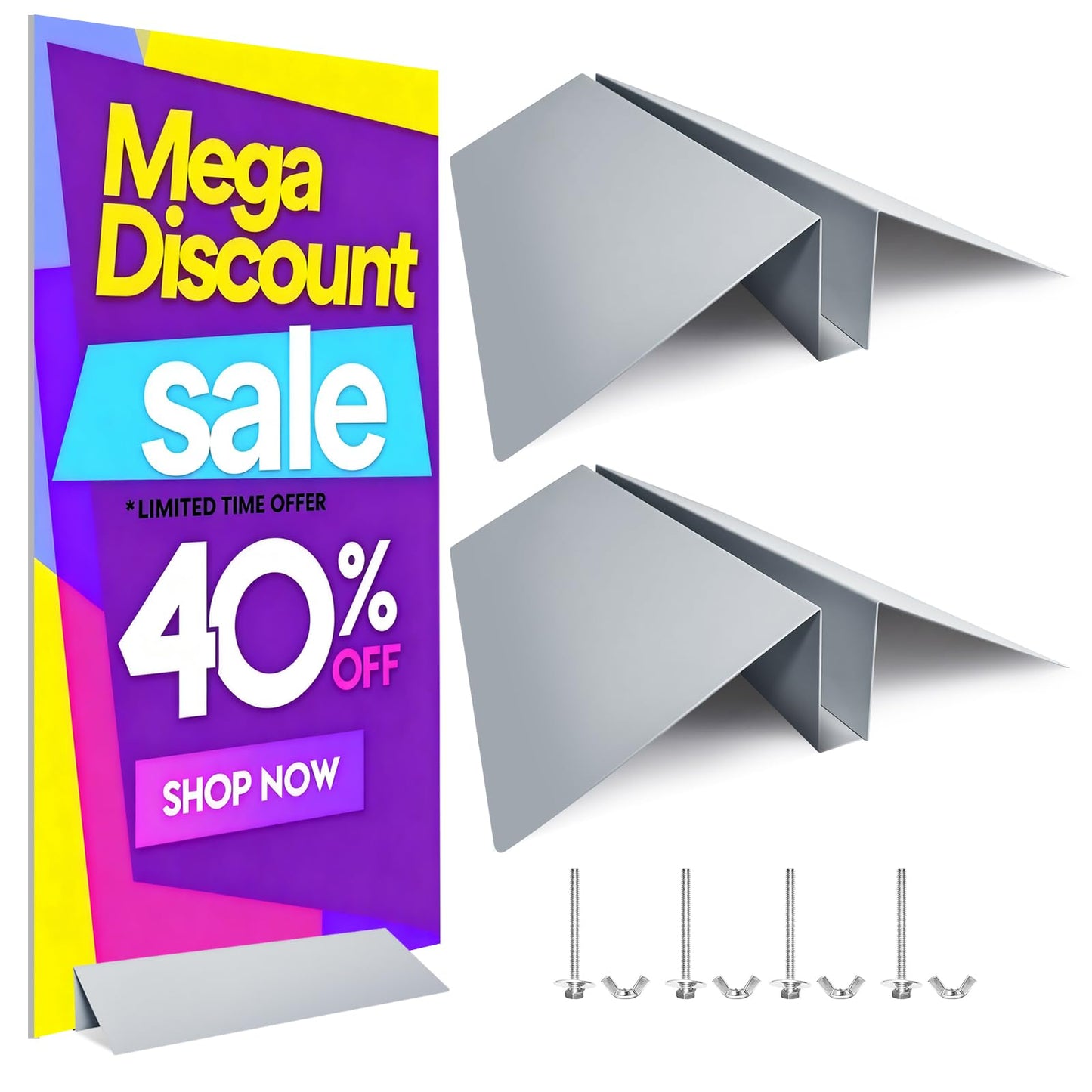 2-Pack Metal Floor Sign Stand Holders with Adjustable Foam Board Stand Base. Fits signs 0.25"–1.5" thick, up to 72" tall. Compatible with foam board & acrylic glass. Base only.