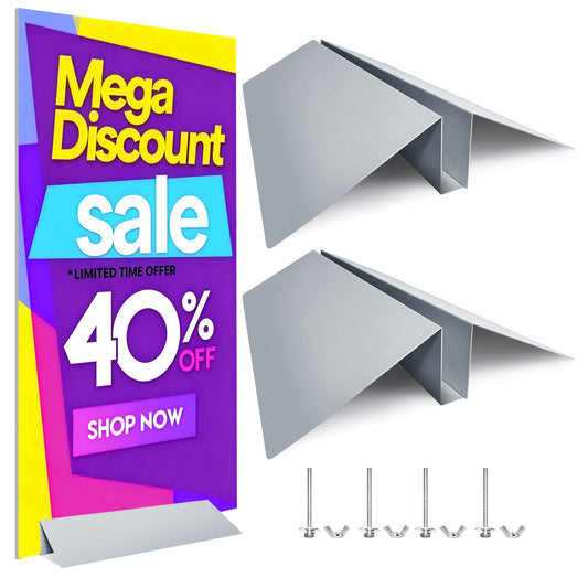 2-Pack Metal Floor Sign Stand Holders with Adjustable Foam Board Stand Base. Fits signs 0.25"–1.5" thick, up to 72" tall. Compatible with foam board & acrylic glass. Base only.