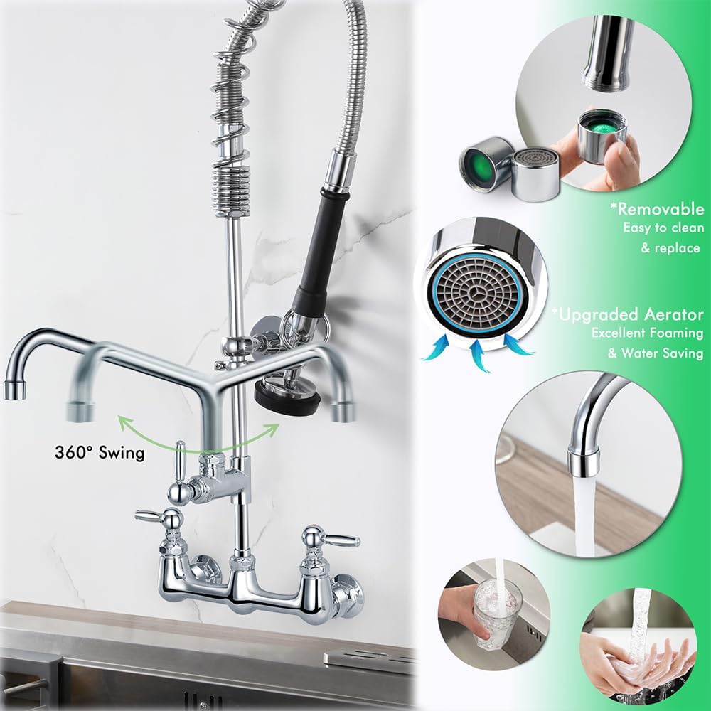 43' Height Commercial Faucet with Sprayer, 8 Inch Center, Wall Mount Kitchen Sink Faucet for 3 Compartment Sink, Restaurant Commercial Sink Faucet