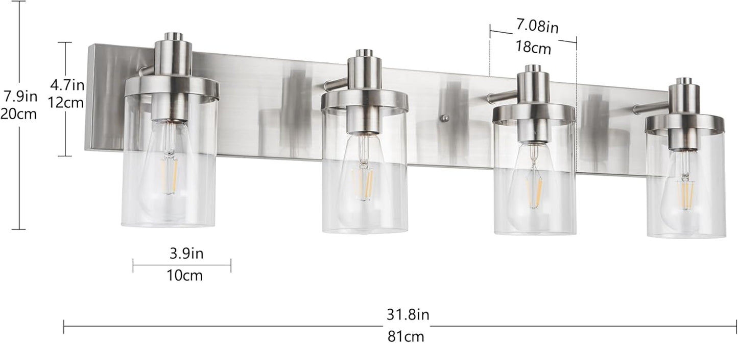 Yaohong Bathroom Vanity Light in Satin Nickel with Cylinder Clear Glass Shades 4 Lights Wall Sconce Vanity Lighting (4 Light)