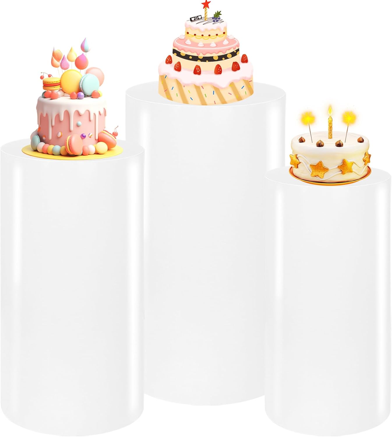 JALANCY 3PCS Metal Cylinder Pedestal Stands for Party White Round Dessert Tables Pedestal Display Plinth Pillars for Birthday