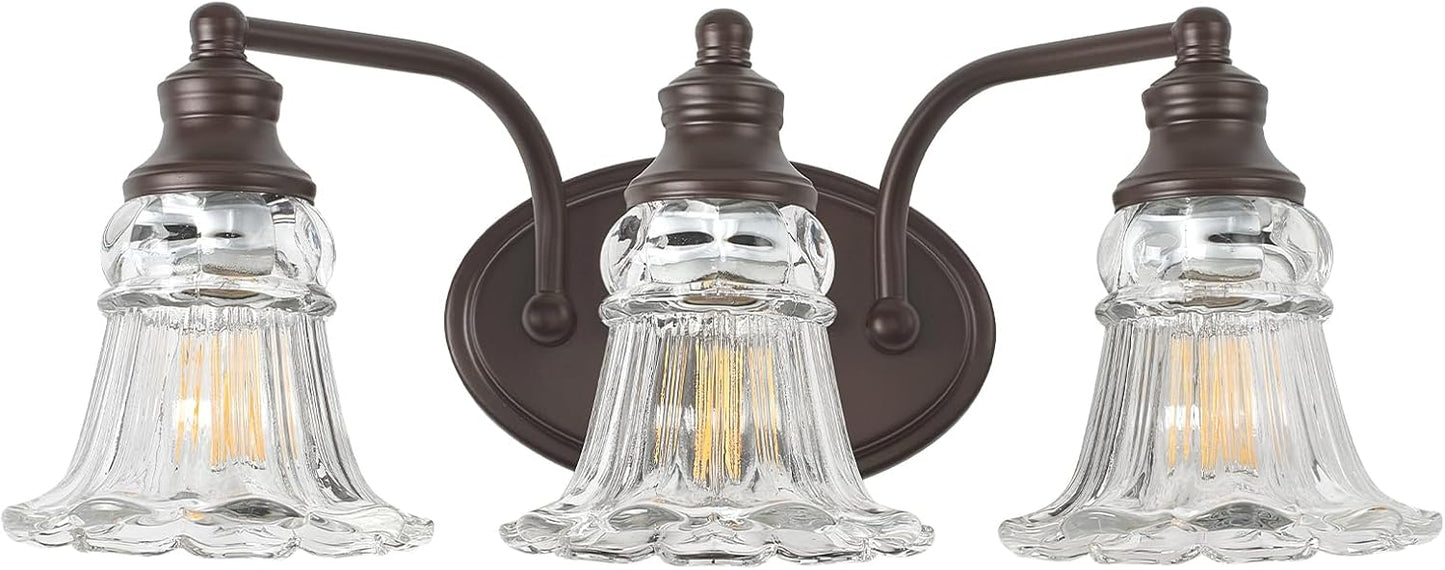 3-Light Bathroom Light Fixtures Over Mirror, Vintage Vanity Lights with Clear Floral Glass Shades, Oil Rubbed Bronze Oil-Rubbed Bronze 3-Light