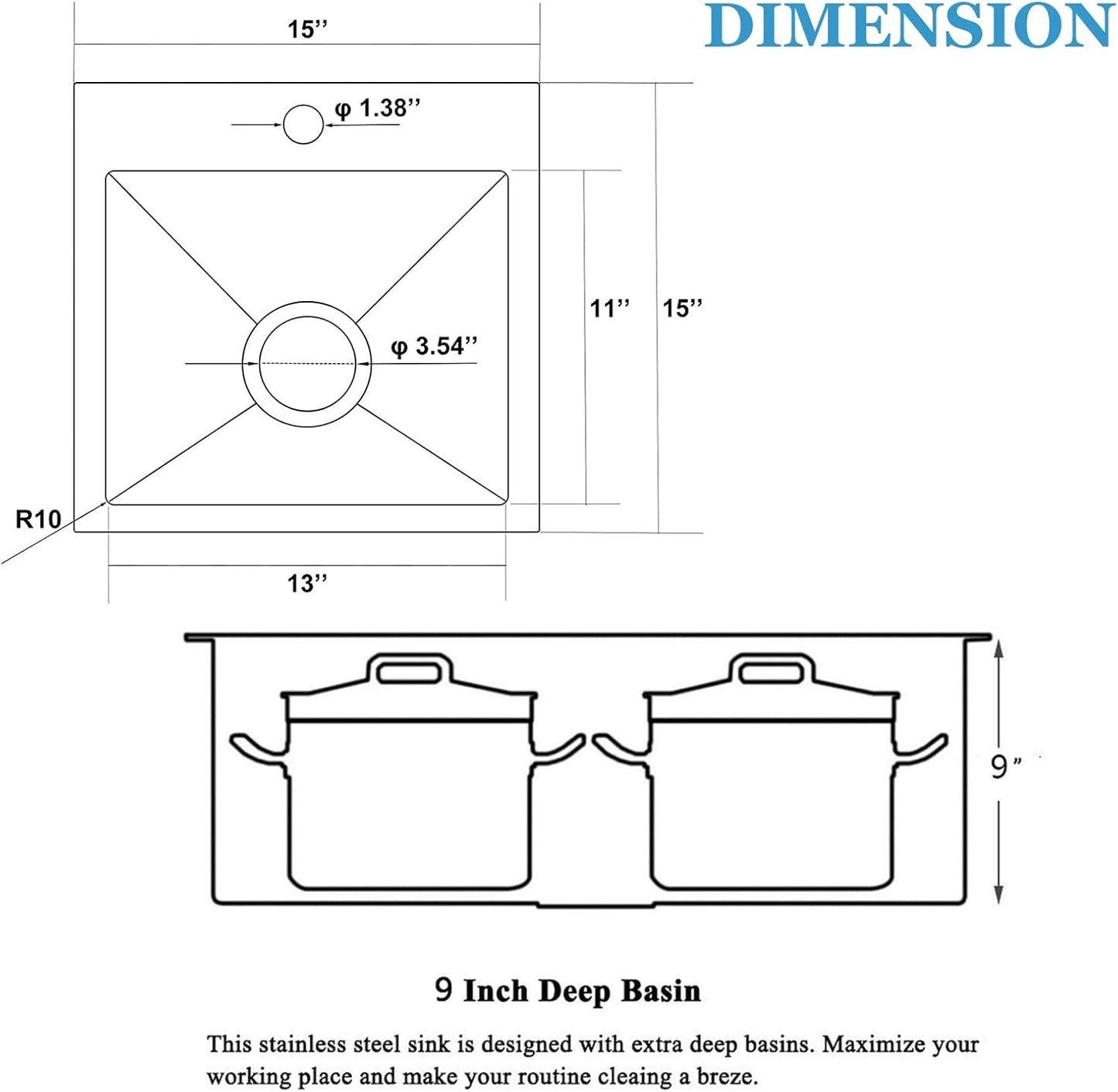 RICINUN 15x15 Inch Black Drop In Bar Sink,15 Inch Gunmetal Black Top Mount Small Bar RV Sink, Stainless Steel 16 Gauge Single Bowl Kitchen Prep Sink