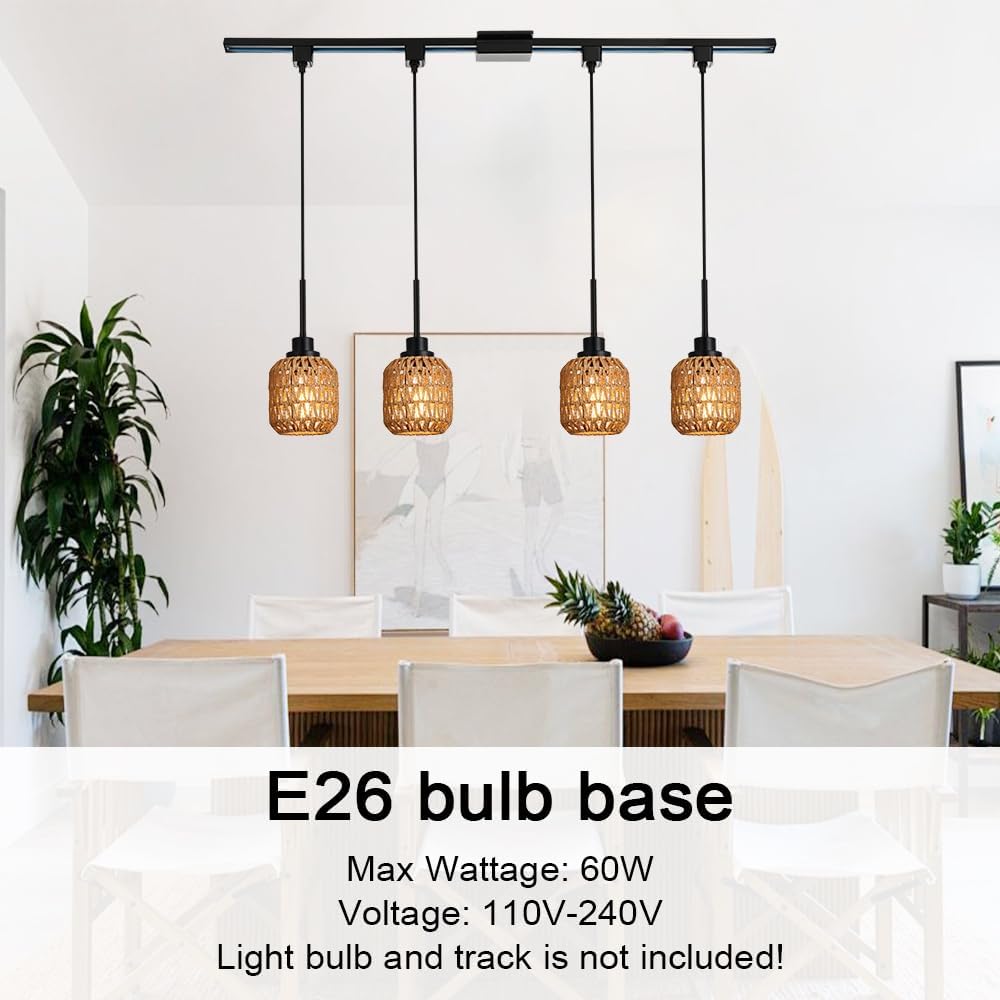 4-Pack Type Track Lighting Pendant Light,Vintage Boho Bamboo Pendant Lights Black Rattan Pendant Lighting for Kitchen Island, Bedroom, Dining Room