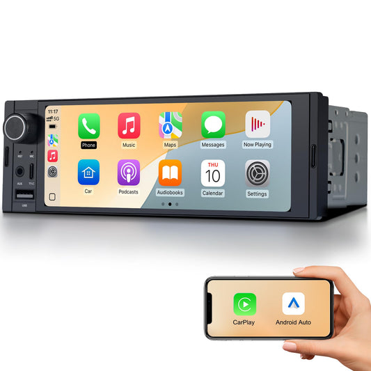 6.36" Single DIN Car Radio Stereo, Linux System HD IPS Touchscreen with Wireless CarPlay & Android Auto, Bluetooth, USB-C/USB/FM