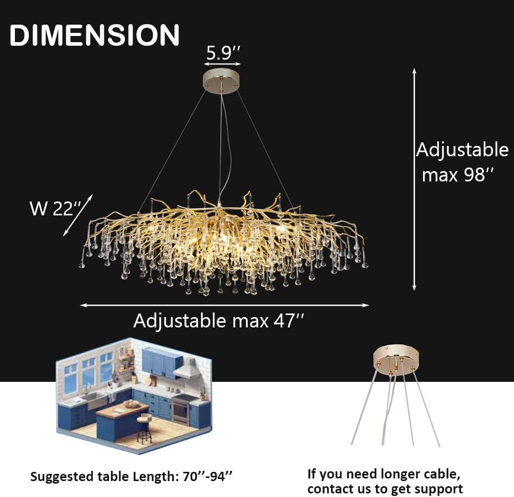 Arcolights Dining Room Light Fixture, 47' Oval Crystal Chandelier Lighting Modern K9 Pendant Ceiling Chandeliers 10 Lights for Dining Room Kitchen