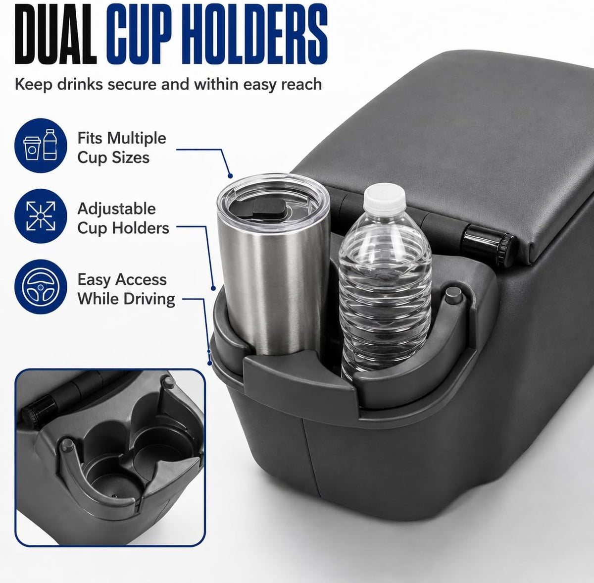Universal Truck Console Bench Seat Center Console Organizer with Adjustable Dual Cup Holders, Clipboard Storage and Padded Armrest Lid for Work Trucks, Vans, SUVs, Dark Gray