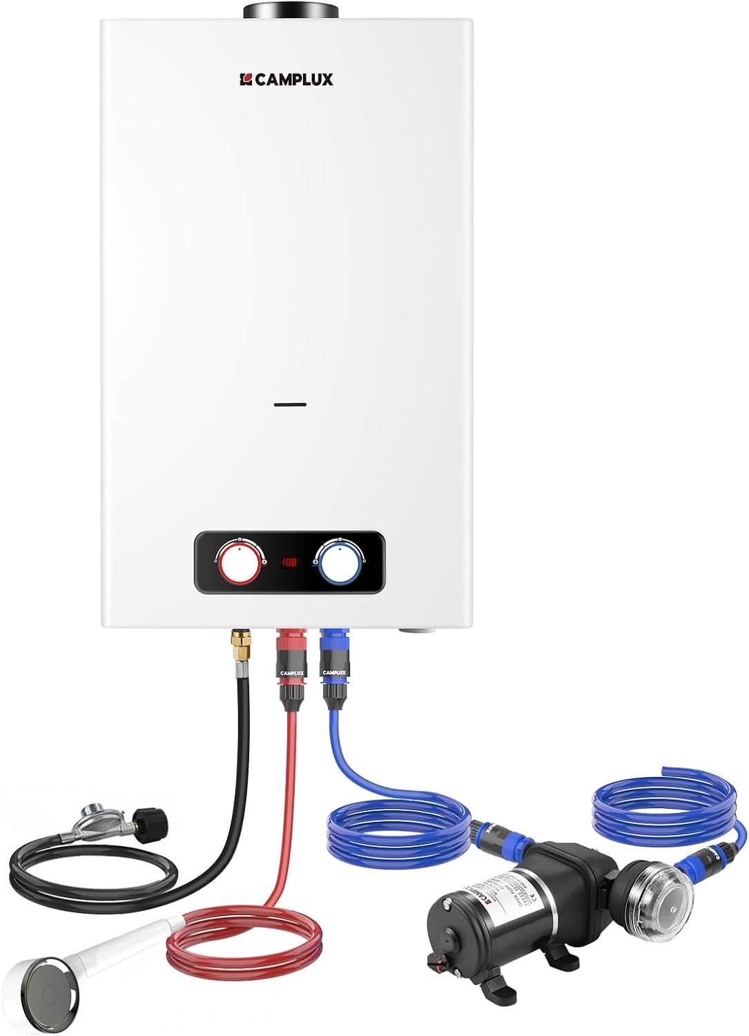 CAMPLUX Tankless Water Heater Outdoor, 4.22 GPM Propane Water Heater with 3.3 GPM Water Pump & Pipe Strainer, 11