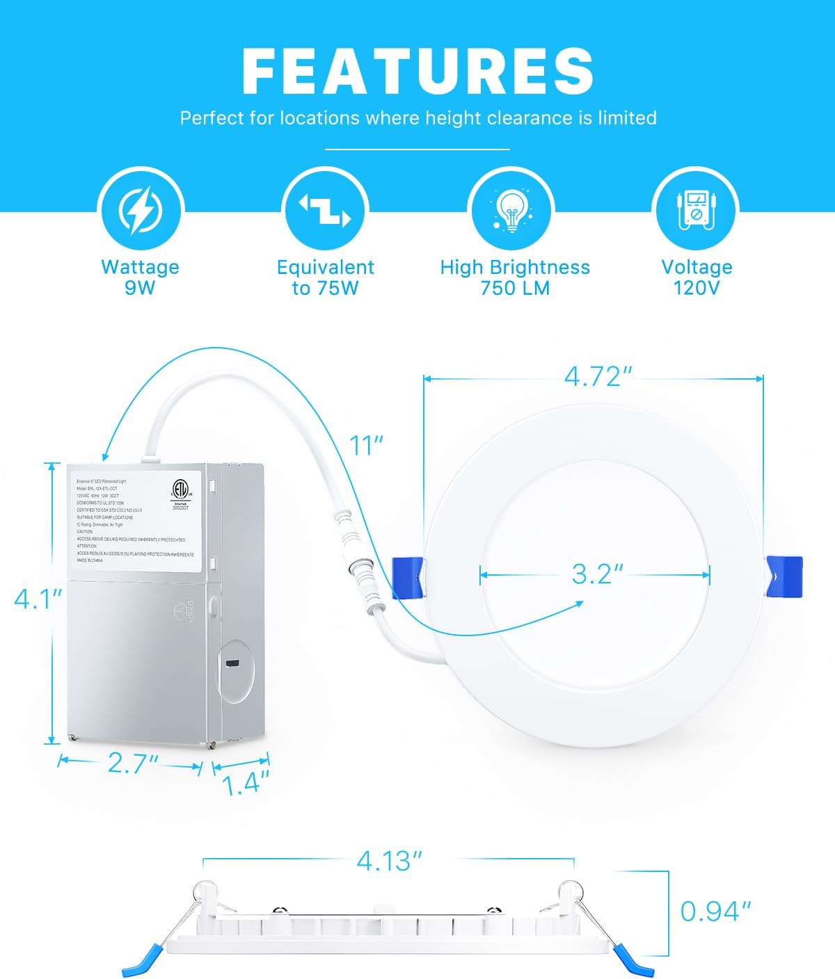 Ultra-Thin 4' LED Recessed Ceiling Light with Junction Box, 2700K/3000K/3500K/4000K/5000K Selectable, 9W 75W Eqv, Dimmable Can-Killer Downlight,