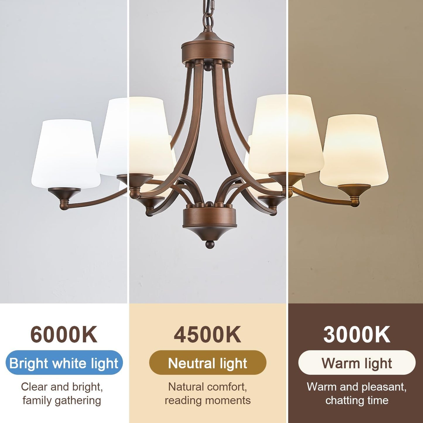 6-Light Farmhouse Chandelier Oil Rubbed Bronze Pendant Light Fixture with Frosted Glass, Rustic Ceiling Lighting Modern Hanging Lamp for Dining Room