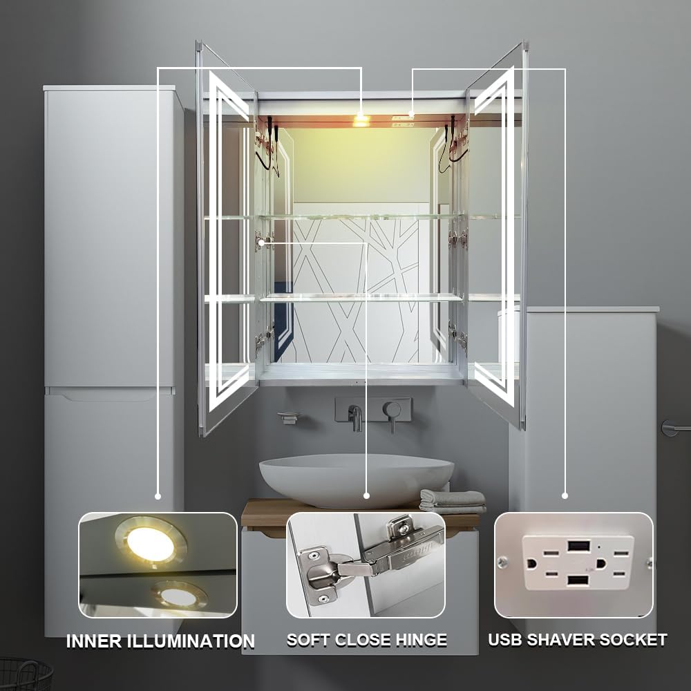 30'x32' Medicine Cabinet with Lights,Lighted Medicine Cabinet,3 Colors & Dimmable, Demister, Internal Light, USB Shaver Socket, Resistant to Corrosion