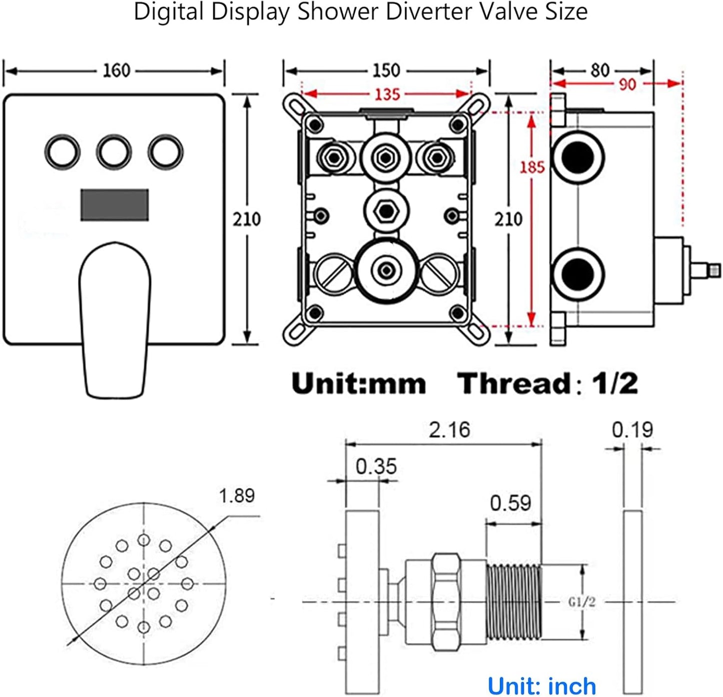 HONGTONGSOWER Brushed Gold Slide Bar Rainfall Shower System Wall Mount 12 Inch Round Digital Temperature Display Display Shower Faucets Sets With 4