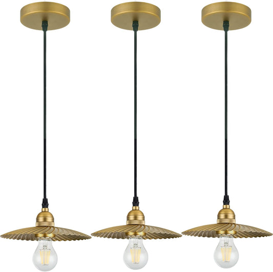 TERLEENART 3 Pack Metal Industrial Farmhouse Pendant Light Fixtures with Unique Swirl Pattern Shade and Aged Brass Finished, Home Decor Art Ceiling