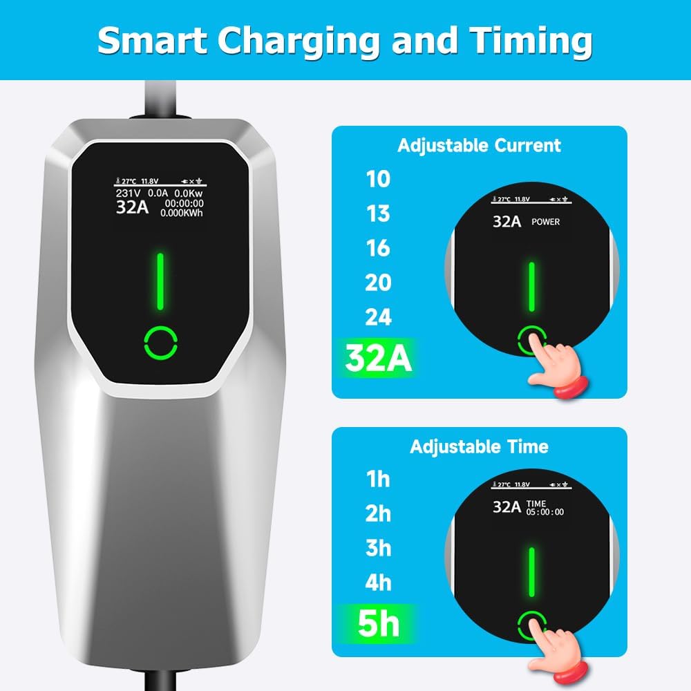 Portable Electric Vehicle Charger Level 2, 7.68KW Fast Charger with J1772 Connector and NEMA 14-50 Plug Scheduled Charging, Works with EV and Hybrid