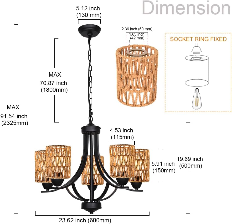 Farmhouse Chandelier 5-Lights Hand Woven Rattan Pendant Light Fixture, Vintage Black Kitchen Island Lighting for