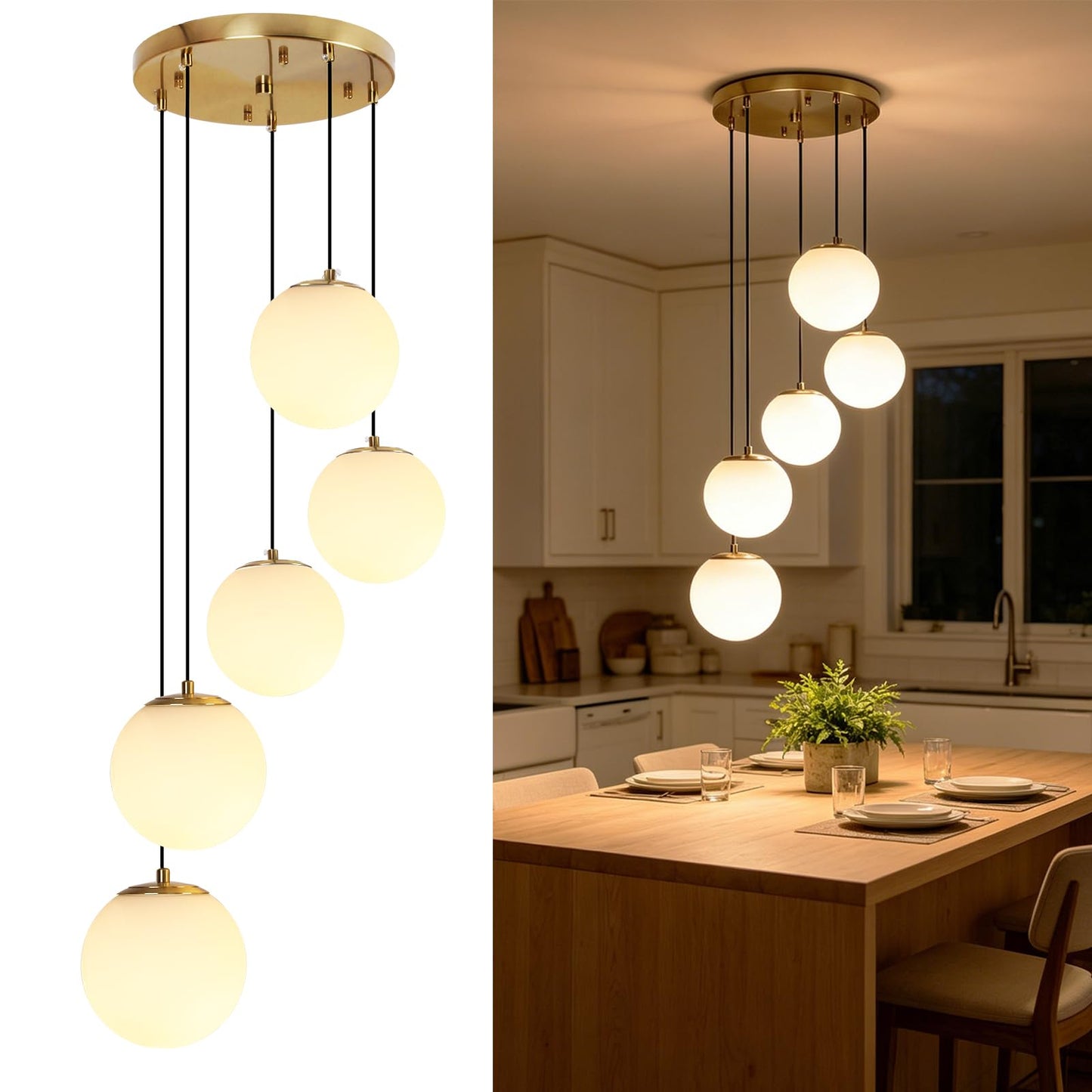 5-Light Globe Cluster Mid Century Modern Chandelier for Dining Room | Brushed Gold Finish, Milk White Glass Pendants, Adjustable Height, for Staircase Kitchen Island