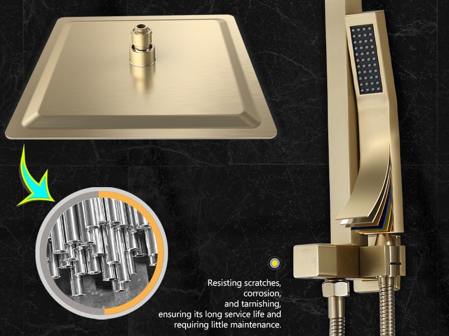 Gold Shower Faucet Set with 12 Inch Gold Shower Heads with Handheld Spray Combo and Tub Spout and Valve