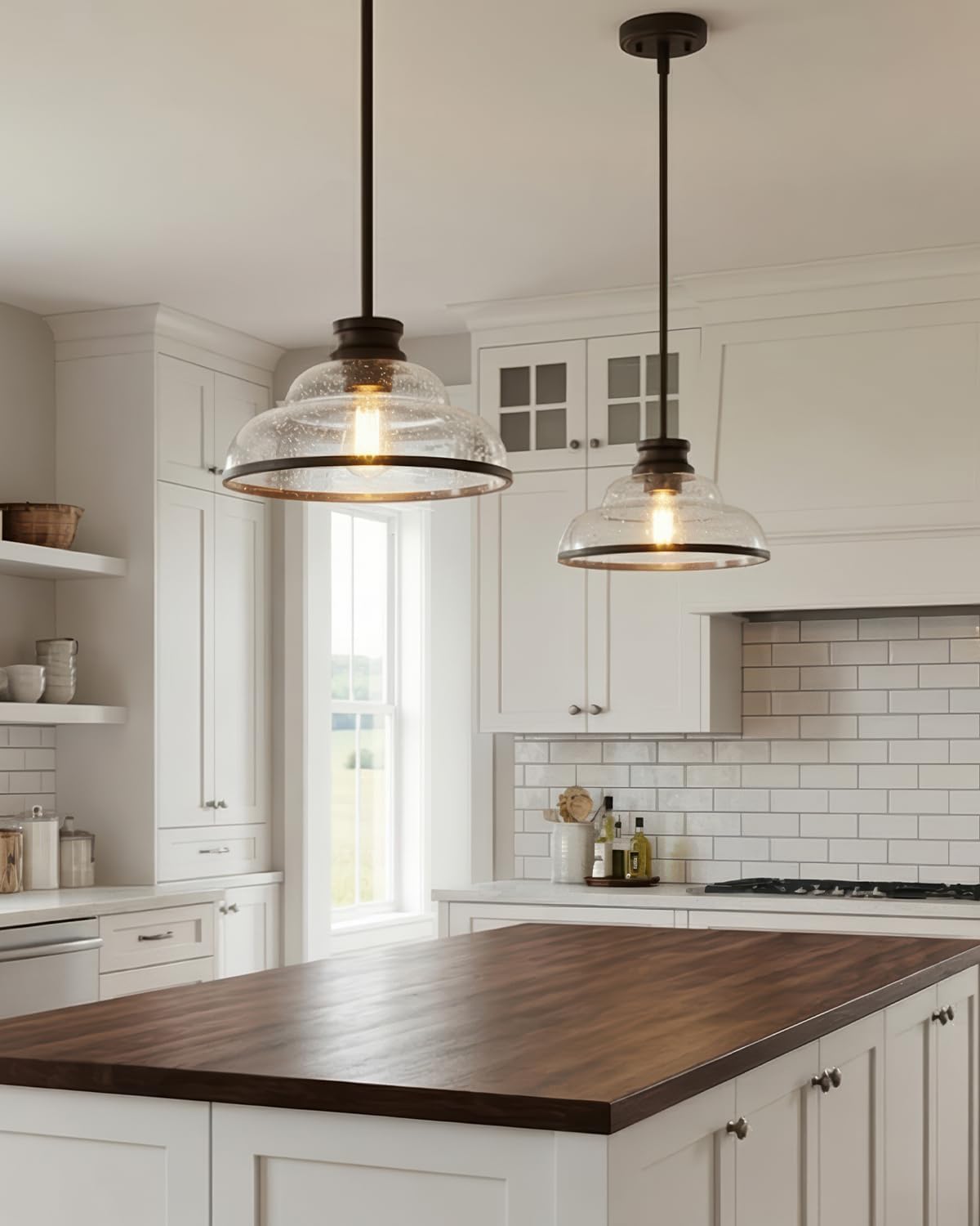 kudos 2 Pack Pendant Lights Kitchen Island, 11" Oil Rubbed Bronze Kitchen Island Lighting with Seeded Glass Shade, Farmhouse Hanging Light Fixture for Kitchen Sink Dining Room Hallways, KDPL14-ORB-2PK