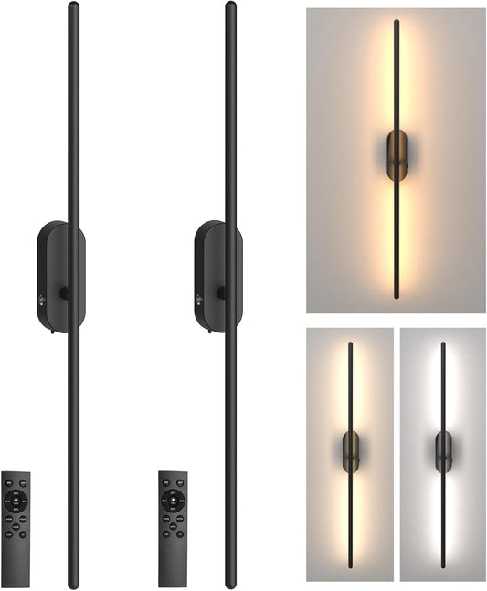 Battery Operated Wall Sconces Set of Two, Led Wall Lights Wireless with Remote Control, USB Rechargeable Wall Lamps, 3 Color, Dimmable, Timing, Black