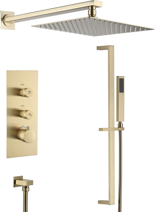 CASAINC Thermostatic Shower System 10 Inch Brushed Gold Rainfall Shower Head with Handheld Wall Mounted Shower Kit