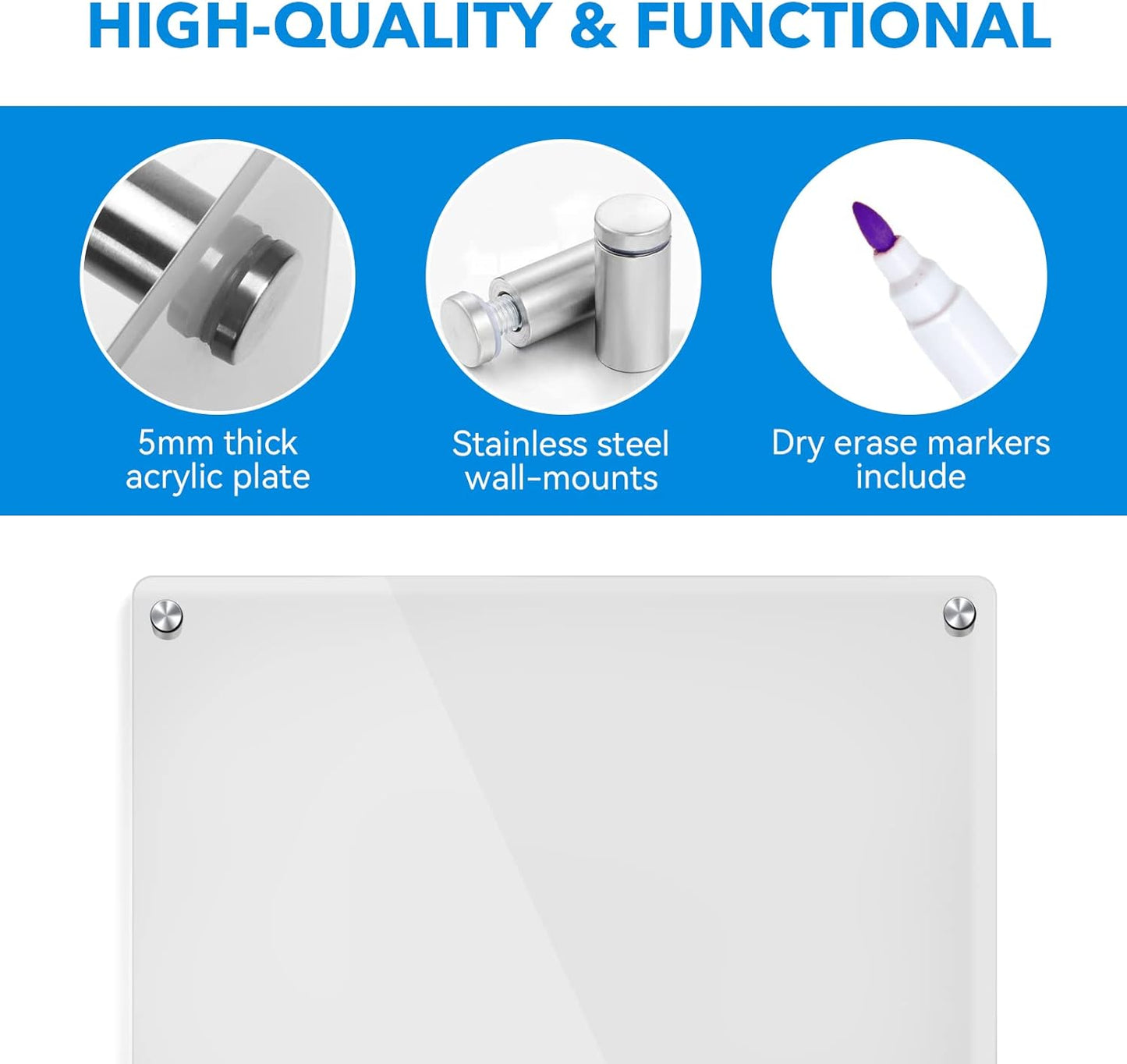 Acrylic Dry Erase Board Wall Mount Non-Magnetic Floating Dry Erase Board Hanging Frameless White Board Acrylic Board for Office and Home Walls Dry