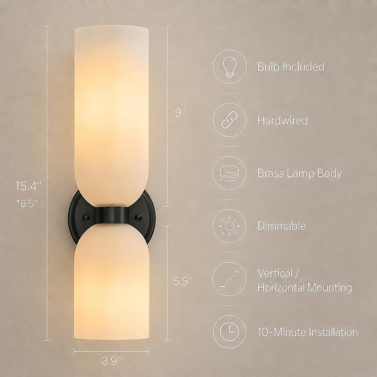 Black Wall Sconces Set of 2 - Frosted Milk Glass Dimmable Light Fixtures