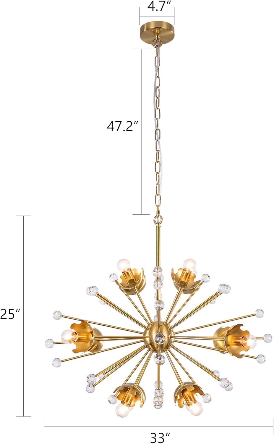 Wellmet Gold Sputnik Chandelier, 12-Light Mid-Century Modern Chandelier Light Fixture for Foyer, Dining Room, Firework Starburst Chandelier for