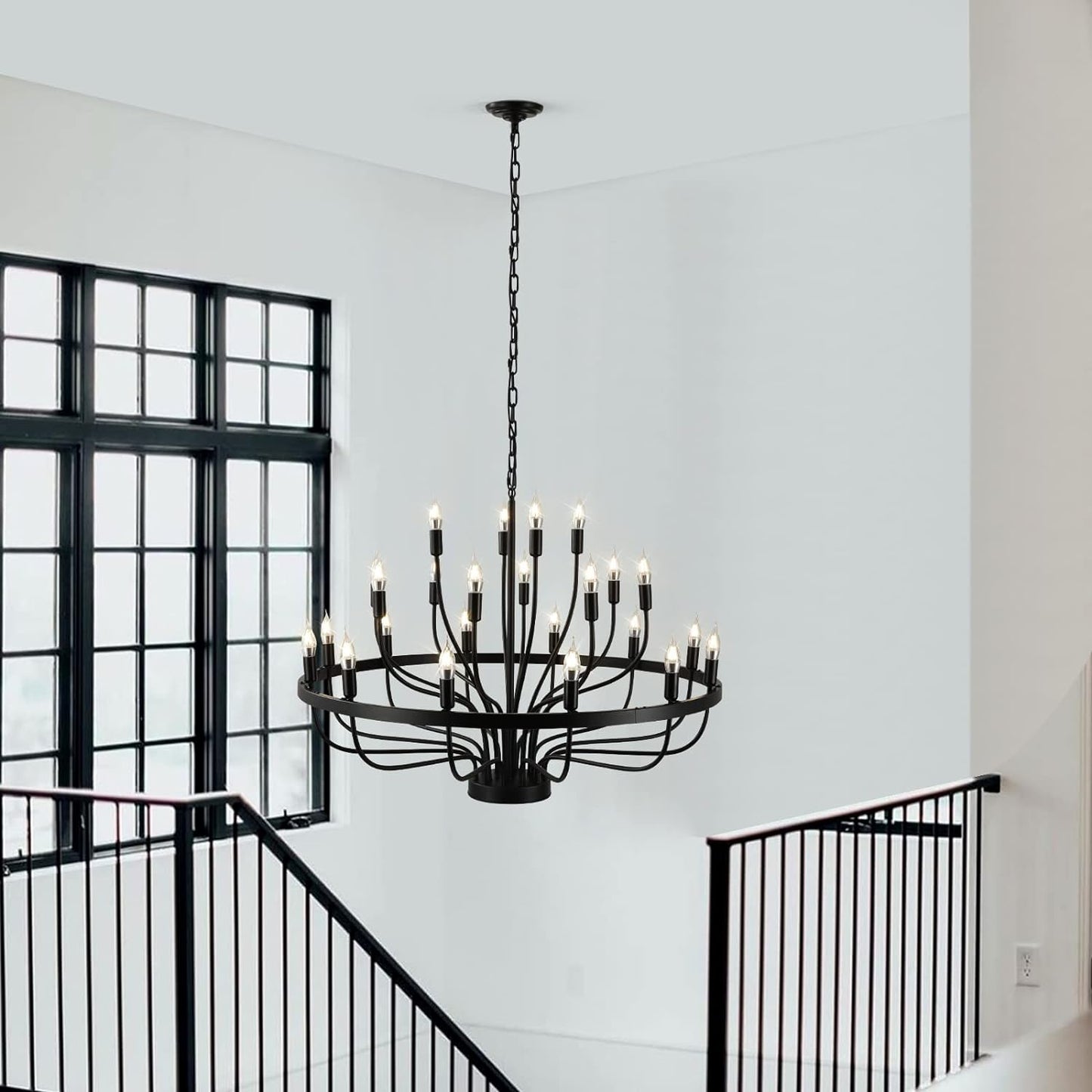 Black Chandelier 24 Light, Modern Farmhouse Chandelier for Dining Room, Round Industrial Candle Chandeliers Light, Wagon Wheel Chandelier 39in 3-Tier