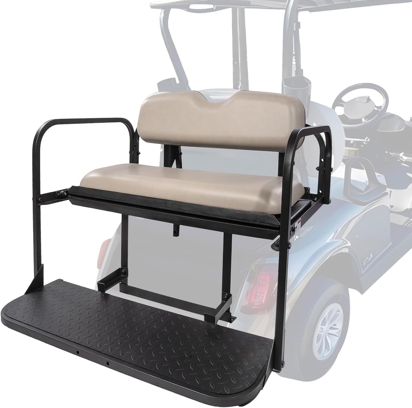 EZGO RXV Golf Cart Flip Folding Rear Seat Kit, Stone Beige Cushions, Black Powder-Coated Frame, Plastic Footrest, Cooler Box Cutout, Fit for both Pre-2015 and 2016+ Models