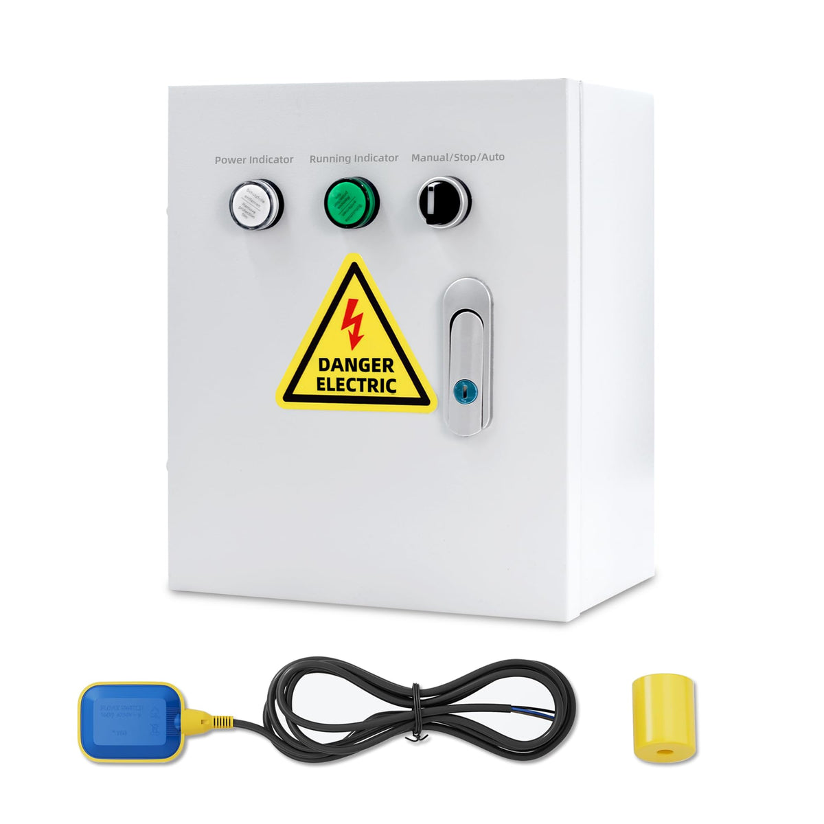 220V Single Phase Pump Control Box with Float Switch, 50/60Hz, Manual/Auto Start Stop Water Level Controller, Metal Enclosure with Key Lock, Power/Run Indicators, Fits 2HP Pumps (3m Float Cable)