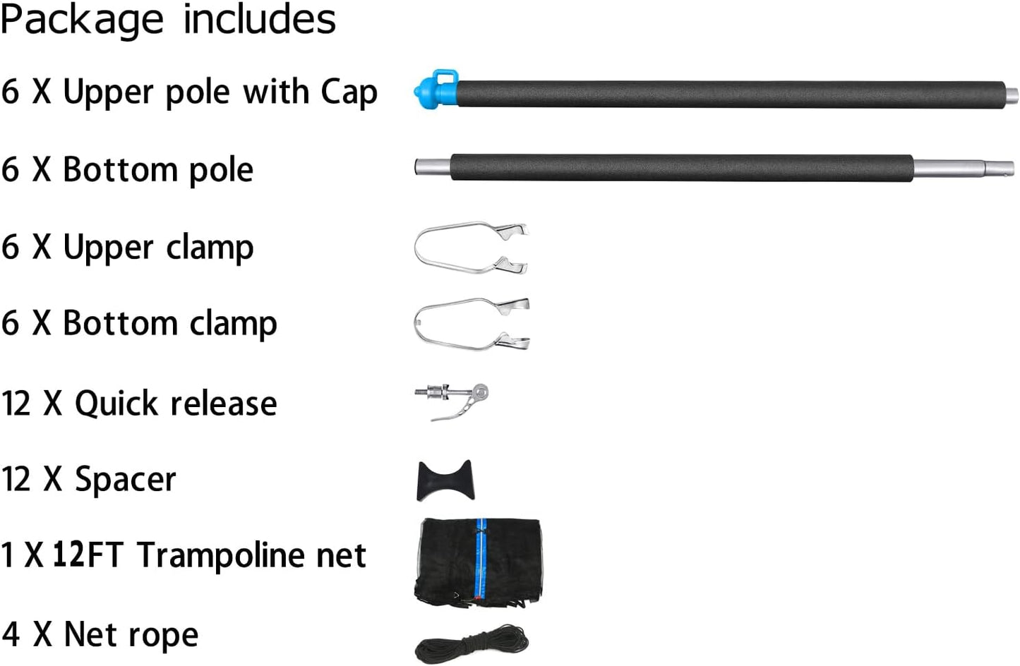 12FT Trampoline Enclosure Net with Universal Trampoline Replacement Enclosure Poles and Hardware