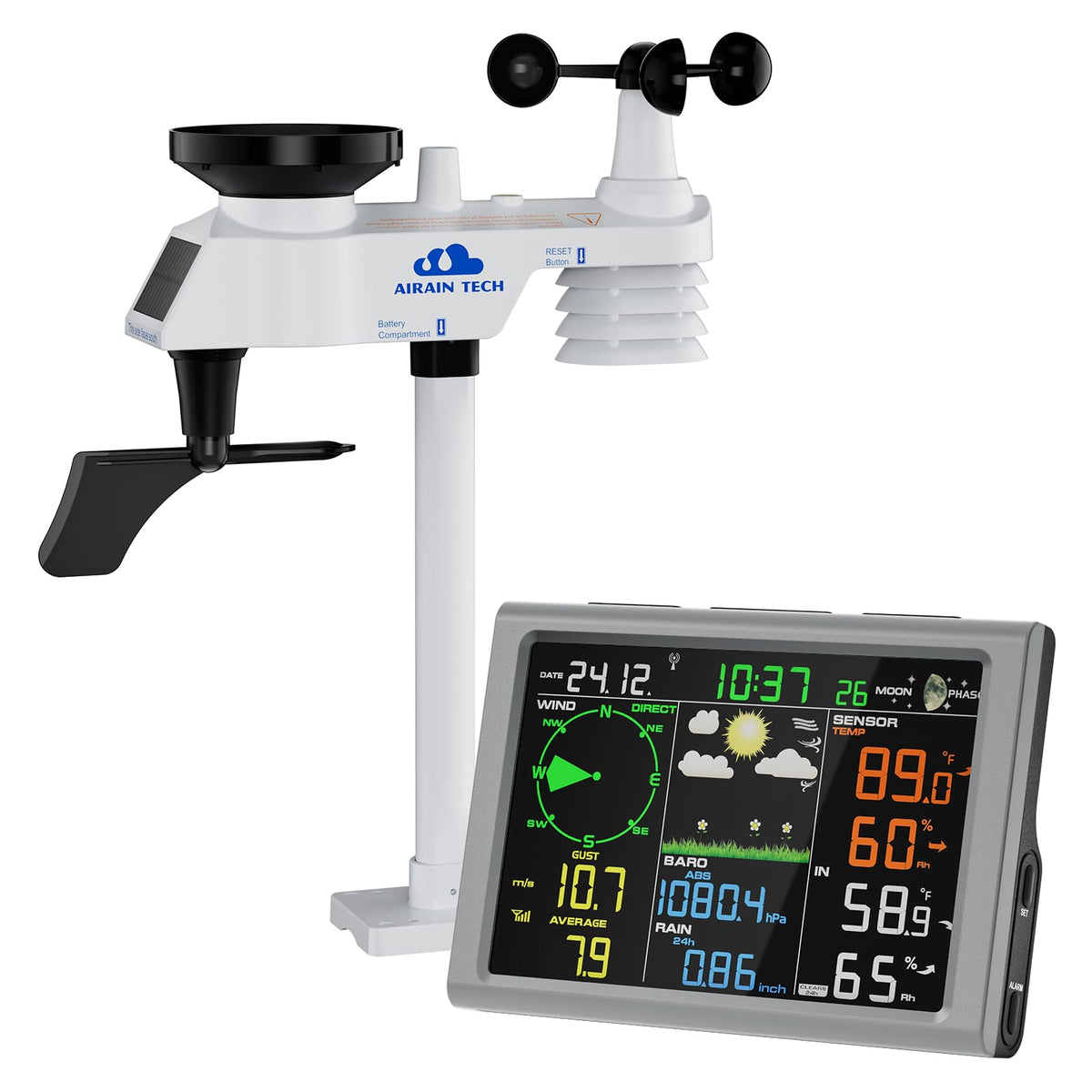 Wireless Weather Station with Outdoor Sensor, Rain Gauge, Atomic Clock, Wind Speed/Direction, Indoor Temperature/Humidity, Barometer, Weather Forecast. (No WiFi)