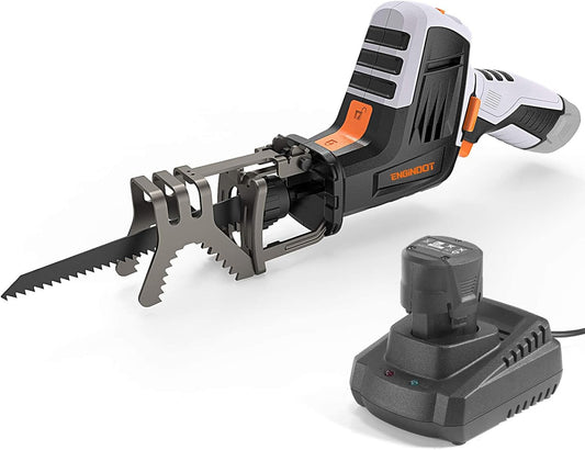 ENGINDOT 12V Cordless Reciprocating Saw with Clamping Jaw, One-Handed, Battery Indicator, Step-less Variable Speed, 1.5A Lithium-Ion Battery, 1 Hour