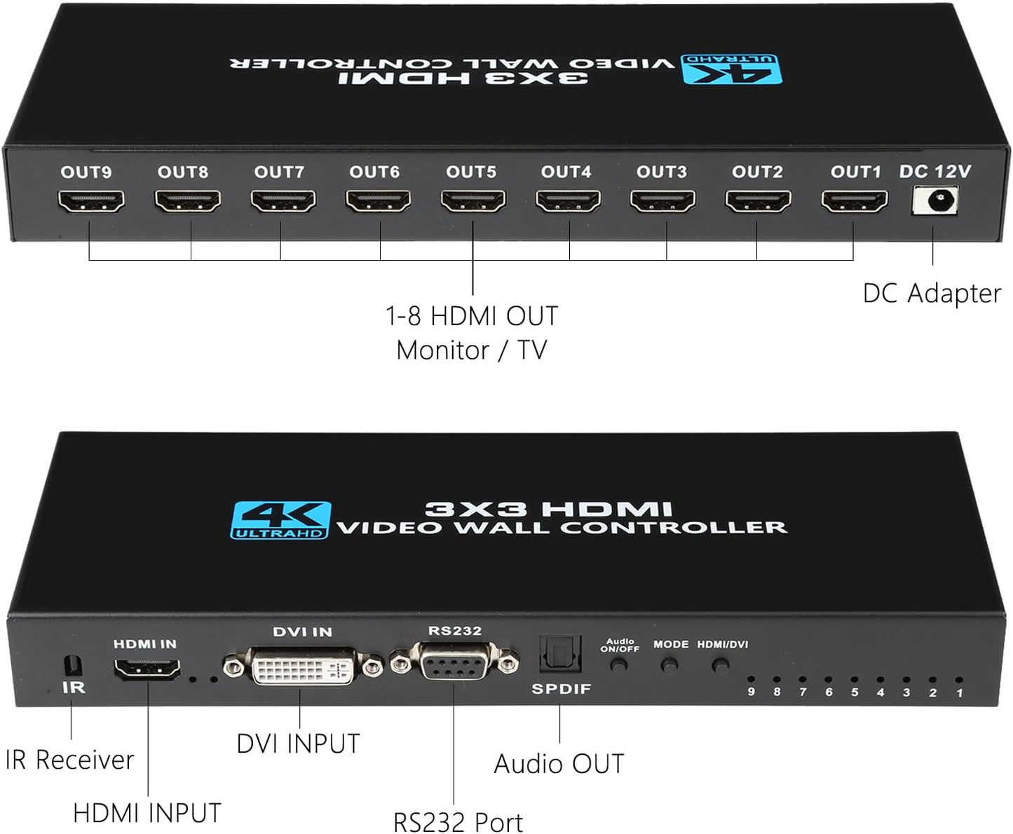 4K Video Wall Controller 3x3, HDMI TV Wall Processor9 tv Screens into 1 Wall Display with 180 Degree RotateMultiple tv Screens one Picture, 13