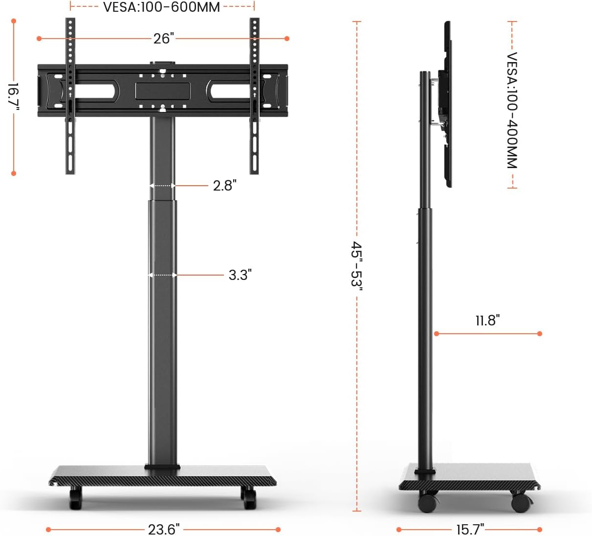 Mobile TV Cart Rolling TV Stand for 26-70 inch Screens, Mobile TV Cart Holds up to 88lbs, 25 Swivel with 6 Levels of Height Adjustment for Optimal