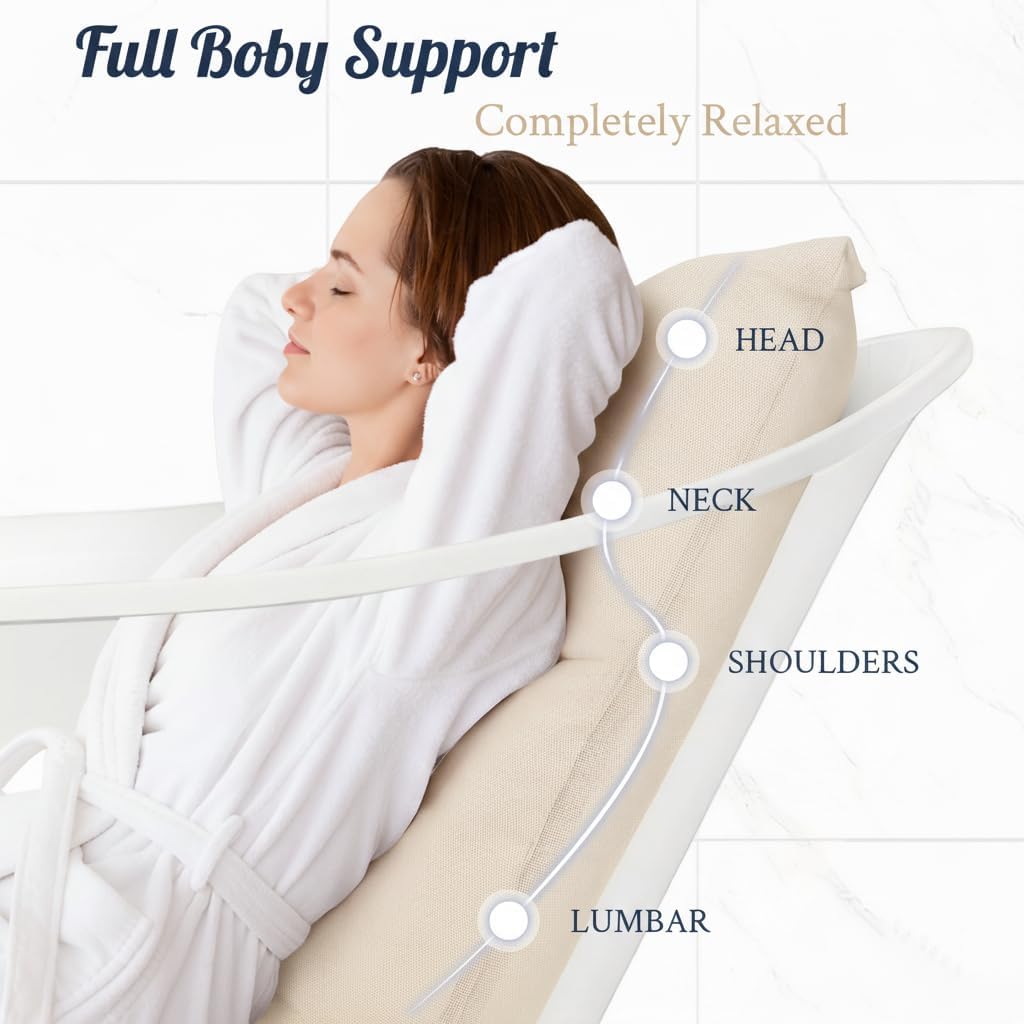 Luxury Bathtub Pillow, Gift for Christmas Birthday Mother's Day, Skin-Friendly Cushion, Support Back, Neck & Head, Non-Slip, Adjustable Thickness, Washable & Quick-Drying - Ideal for Home Spa Days Ivory White Large