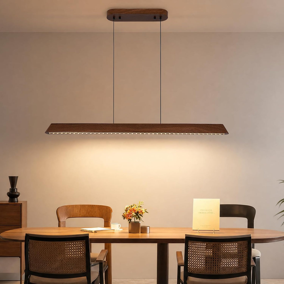 Dining Table Linear Island Light: Remote Control Iron Kitchen Chandeliers Iron with Walnut Wood-Look Finish