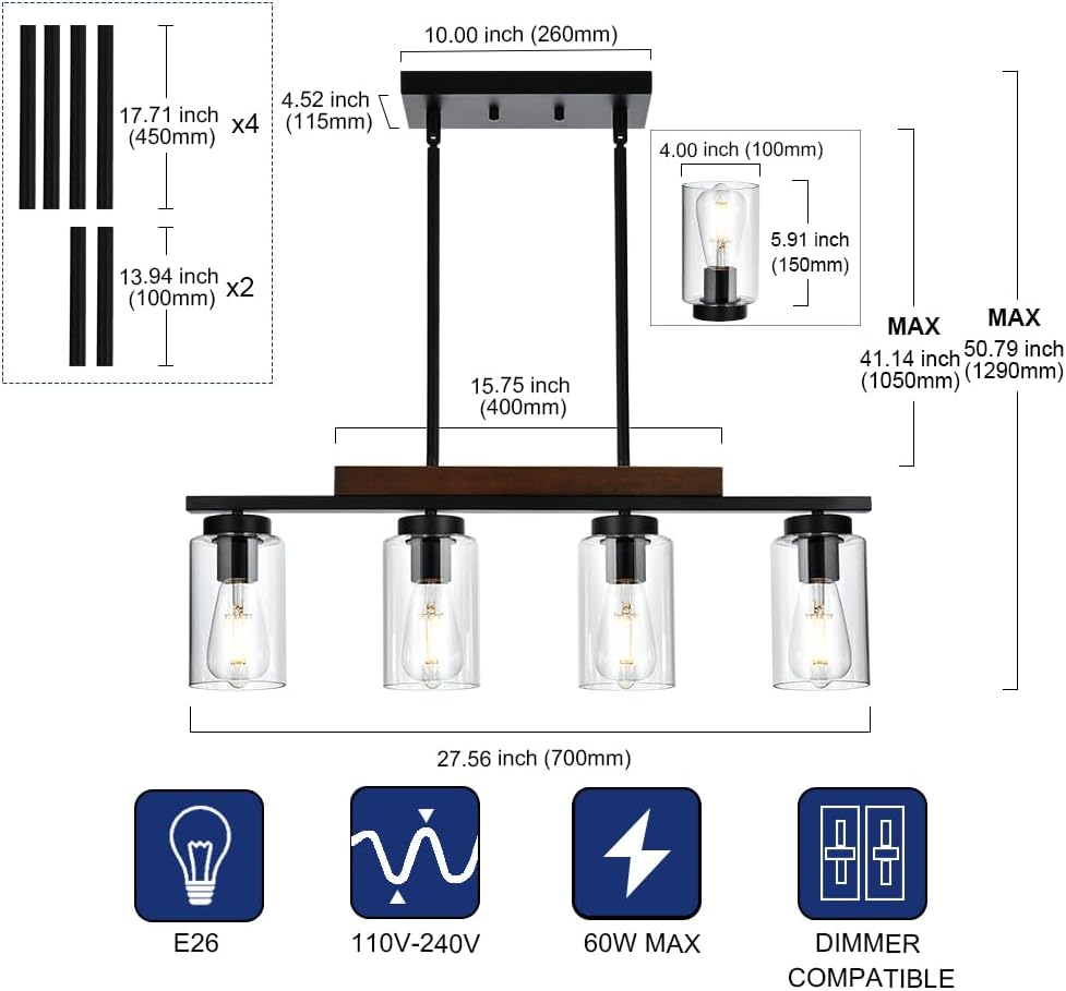 TODOLUZ 4-Lights Farmhouse Pendant Lights Fixtures Ceiling Hanging, Modern Black Kitchen Island Lighting with Clear Glass Lampshades (Cylinder Clear