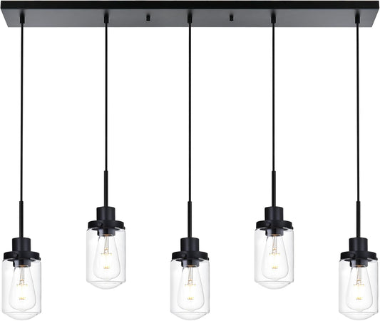 5-Light Dining Room Light Fixtures Hanging Linear Chandeliers for Dining Room, Farmhouse Black with Glass Shades